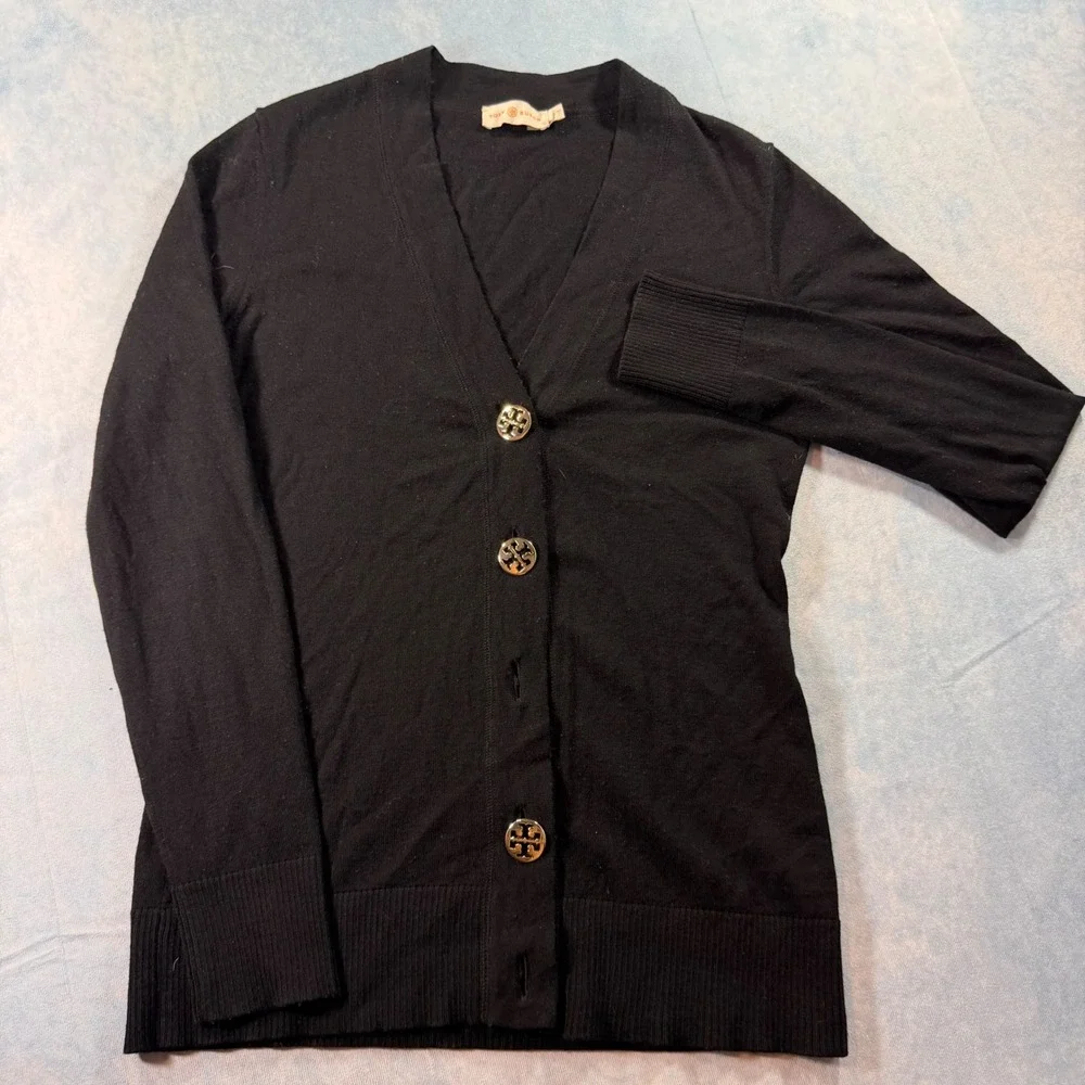 Tory Burch Cardigan Women S Black Fair Merino Wool Gold Logo Buttons Missing